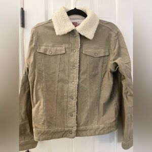 Lazer Jeans Jacket Womens Large Tan Brown Corduroy Sherpa Trim Vintage Barn Coat